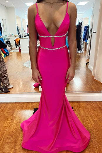 Satin Mermaid Backless Hot Pink Long Prom Dress with Beading