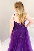 Load image into Gallery viewer, Plus Size Tulle Spaghetti Straps Purple Long Prom Dress with Beading