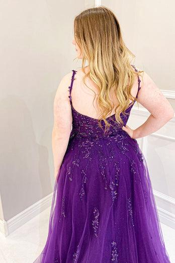 Plus Size Tulle Spaghetti Straps Purple Long Prom Dress with Beading
