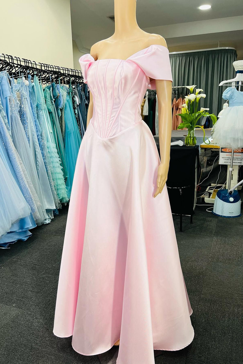 Off The Shoulder Light Pink Corset Prom Dress