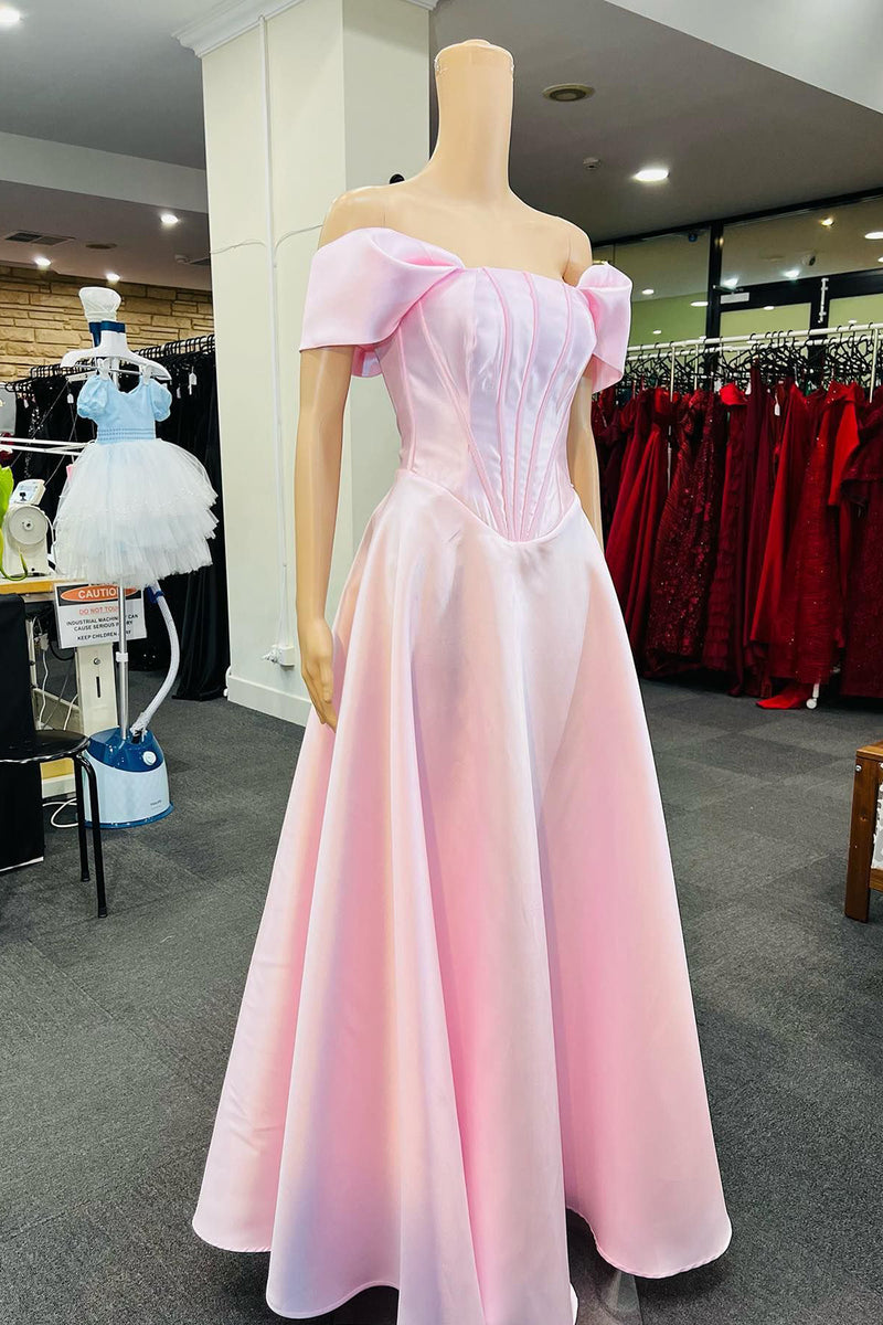 Load image into Gallery viewer, Off The Shoulder Light Pink Corset Prom Dress