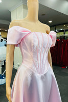 Load image into Gallery viewer, Off The Shoulder Light Pink Corset Prom Dress