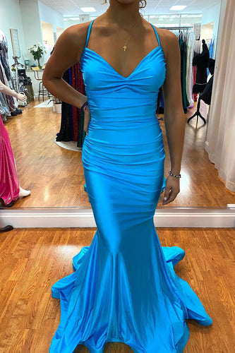 Mermaid Lace-Up Back Blue Long Prom Dress