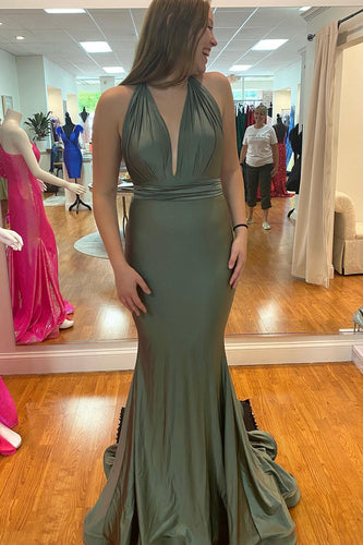 Mermaid Halter Backless Grey Green Long Prom Dress