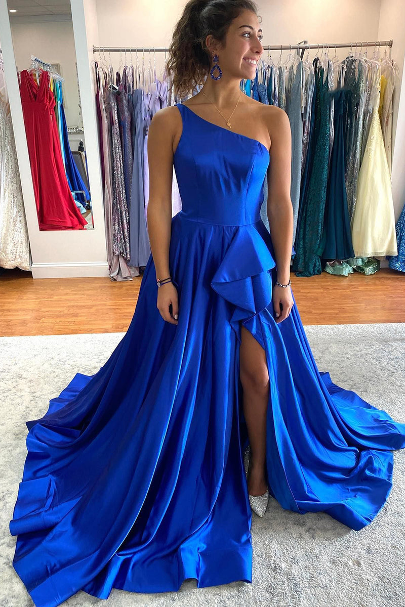 Load image into Gallery viewer, One Shoulder Royal Blue Long Prom Dress with Slit