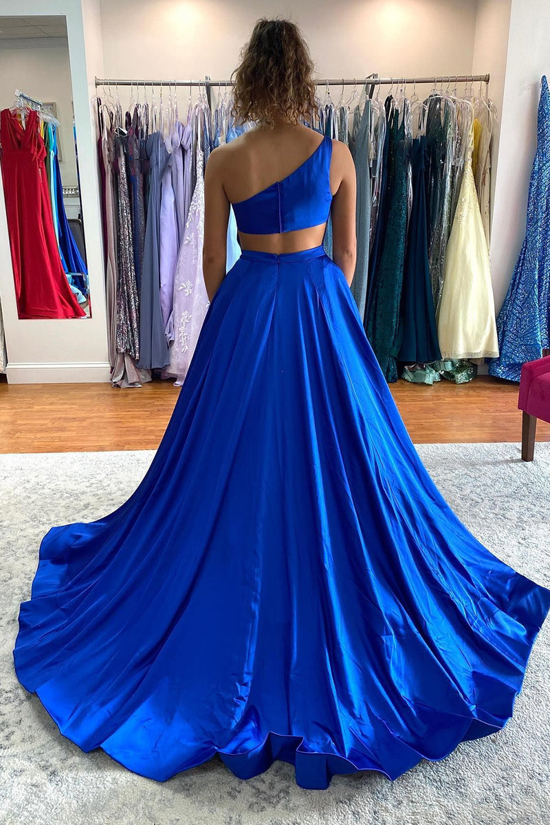 Load image into Gallery viewer, One Shoulder Royal Blue Long Prom Dress with Slit