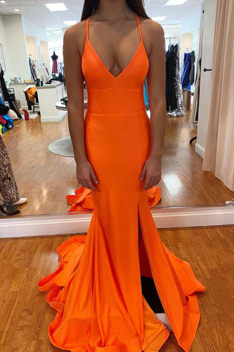 Mermaid Lace-Up Back Orange Long Prom Dress with Slit
