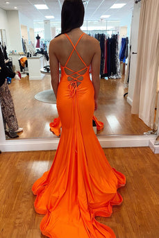 Mermaid Lace-Up Back Orange Long Prom Dress with Slit