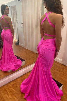 Mermaid Halter Backless Hot Pink Long Prom Dress