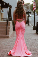 Load image into Gallery viewer, Mermaid Halter Backless Hot Pink Long Prom Dress