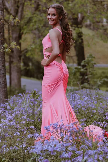 Mermaid Halter Backless Hot Pink Long Prom Dress