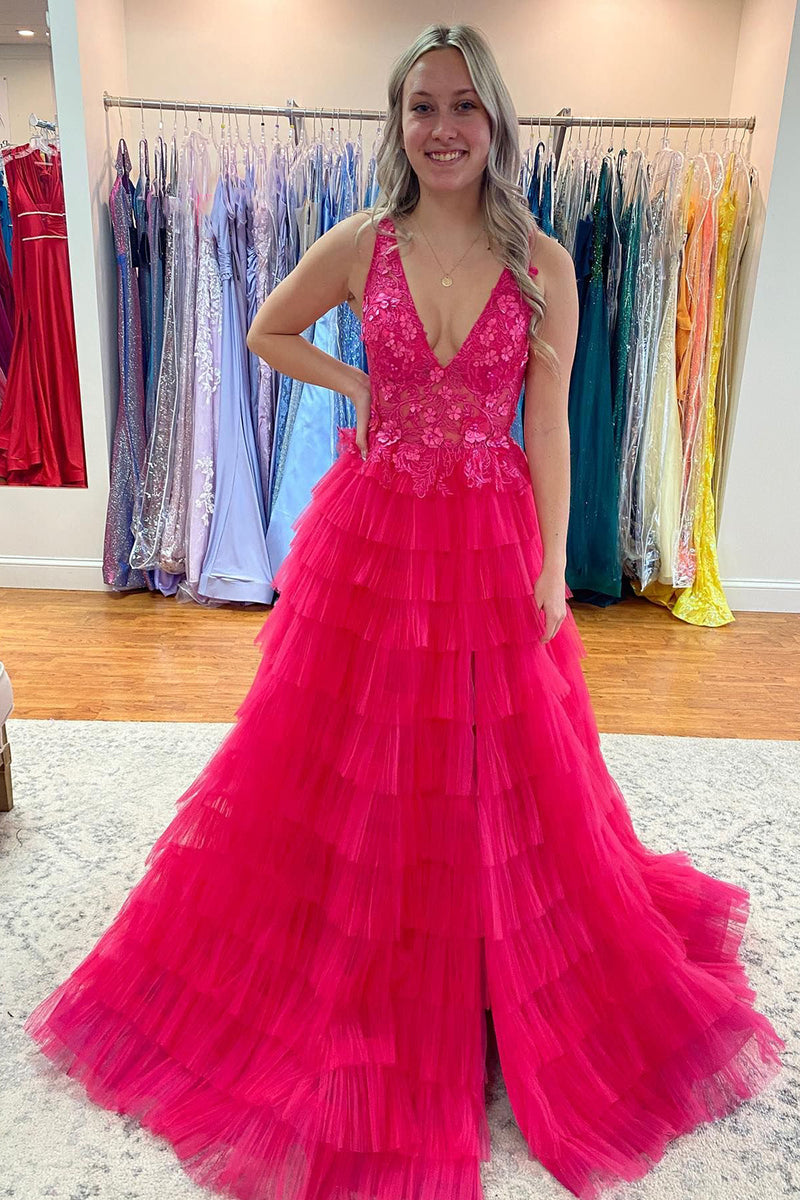 Load image into Gallery viewer, V-Neck Tiered Hot Pink Long Prom Dress with Slit