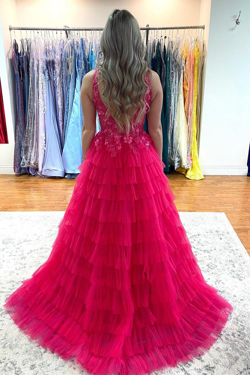Load image into Gallery viewer, V-Neck Tiered Hot Pink Long Prom Dress with Slit