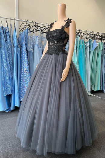 Tulle Black Corset Long Prom Dress with Appliques