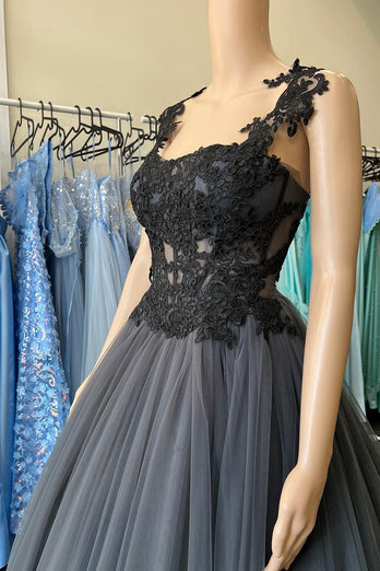 Tulle Black Corset Long Prom Dress with Appliques
