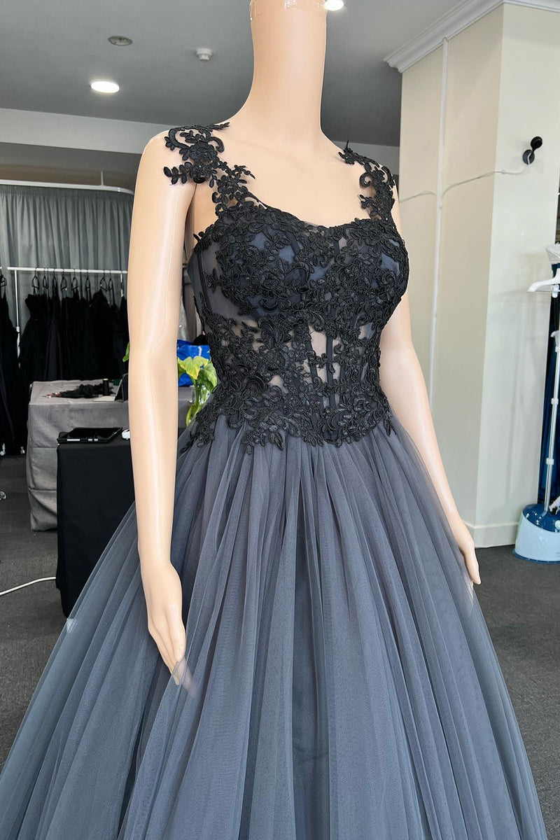 Load image into Gallery viewer, Tulle Black Corset Long Prom Dress with Appliques