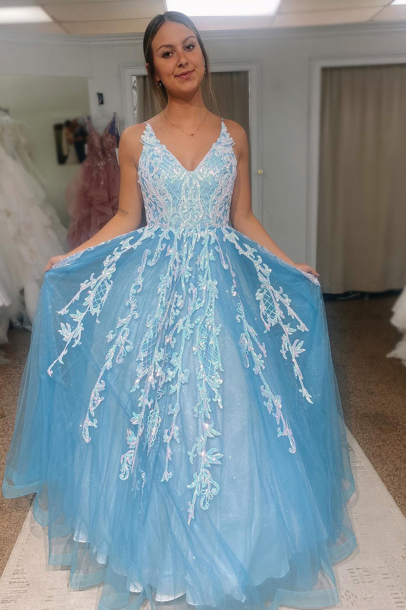Load image into Gallery viewer, Sparkly Light Blue Long Prom Dress with Beading