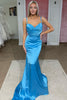 Load image into Gallery viewer, Mermaid Spaghetti Straps Simple Blue Long Prom Dress with Ruffles