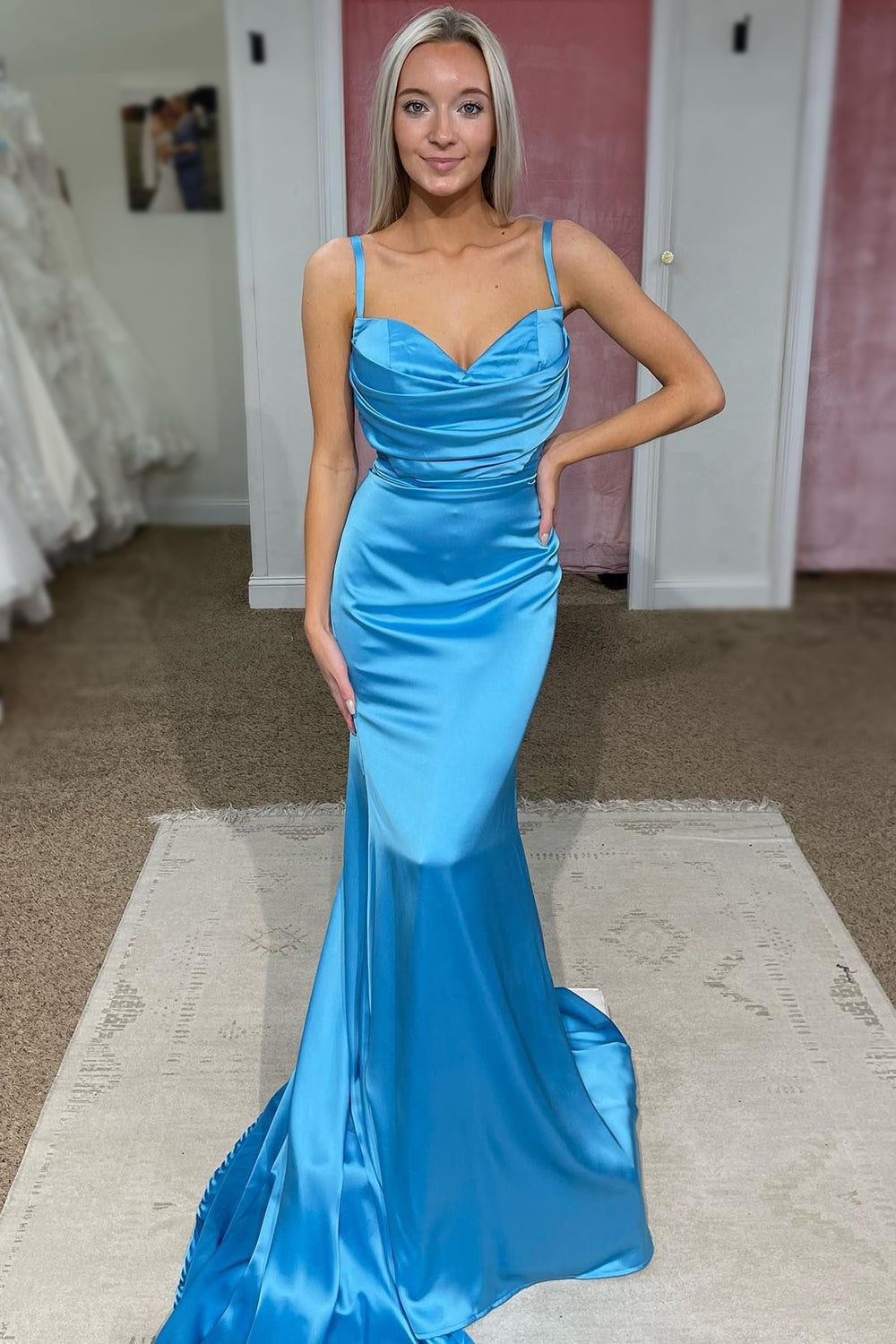 Mermaid Spaghetti Straps Simple Blue Long Prom Dress with Ruffles