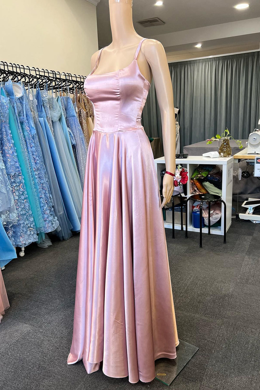 Light Pink A-line Satin Long Prom Dress