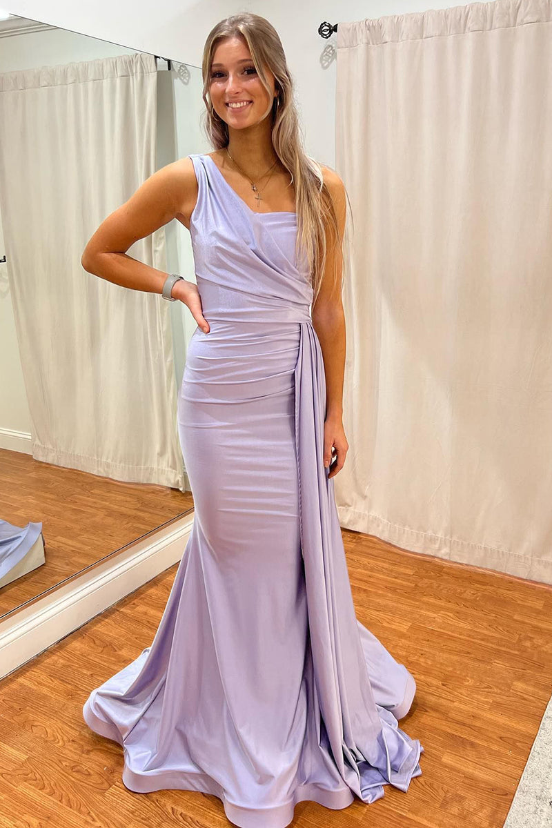 Load image into Gallery viewer, Mermaid One Shoulder Lilac Long Prom Dress with Ruffles