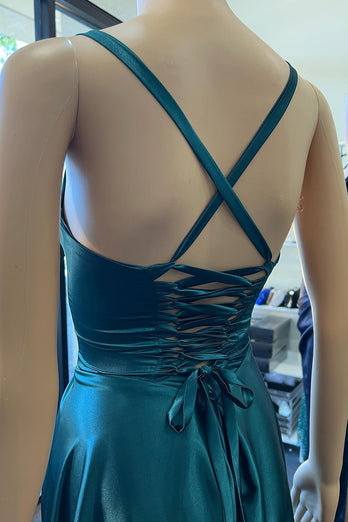 A-Line Lace-Up Back Peacock Blue Long Prom Dress