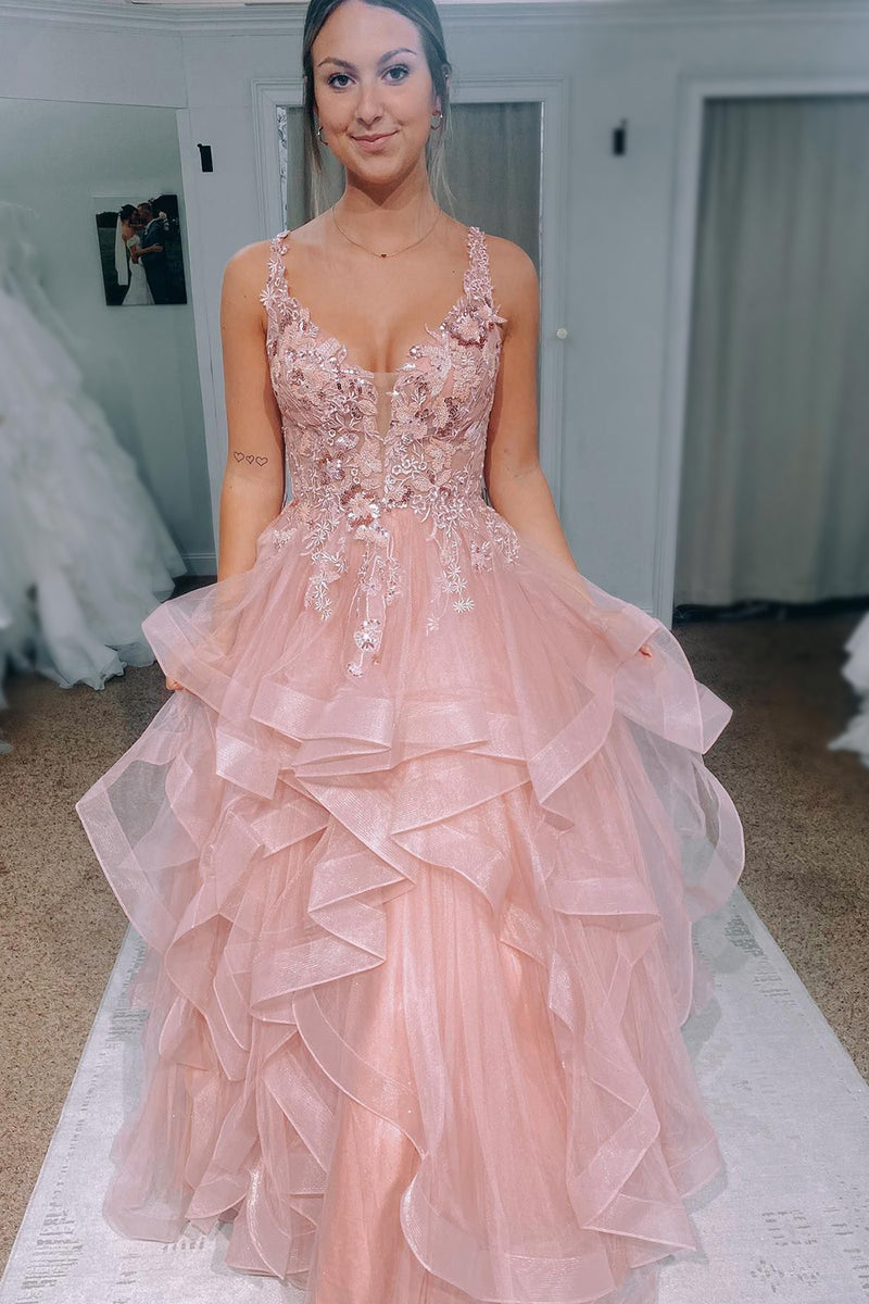 Load image into Gallery viewer, Asymmetrical Blush Long Prom Dress with Appliques