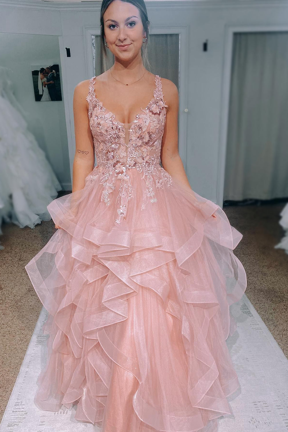 Asymmetrical Blush Long Prom Dress with Appliques
