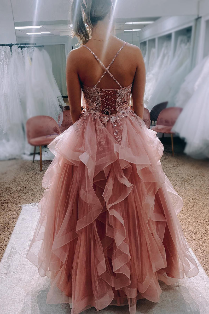 Load image into Gallery viewer, Asymmetrical Blush Long Prom Dress with Appliques