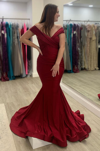 Off The Shoulder Mermaid Burgundy Long Prom Dress