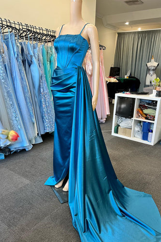 Spaghetti Straps Royal Blue Corset Top Prom Dress with Ruffles