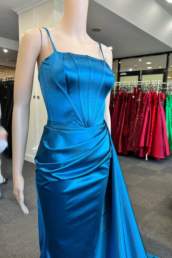 Spaghetti Straps Royal Blue Corset Top Prom Dress with Ruffles