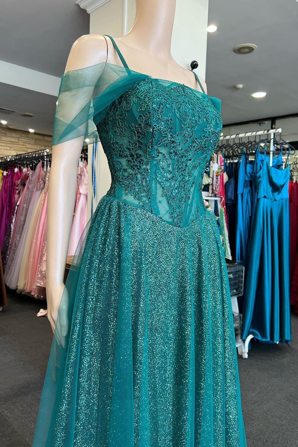 Sparkly Cold Shoulder Green Long Prom Dress with Appliques