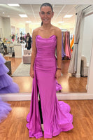 Load image into Gallery viewer, Strapless Satin Hot Pink Long Prom Dress with Slit