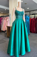 Load image into Gallery viewer, Spaghetti Straps Green Long Prom Dress with Appliques