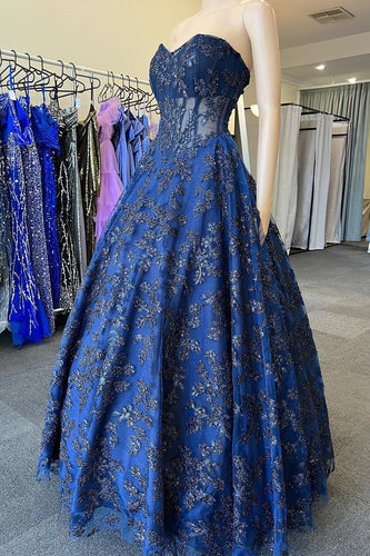 Sparkly Strapless Dark Blue Sequins Corset Prom Dress with Appliques