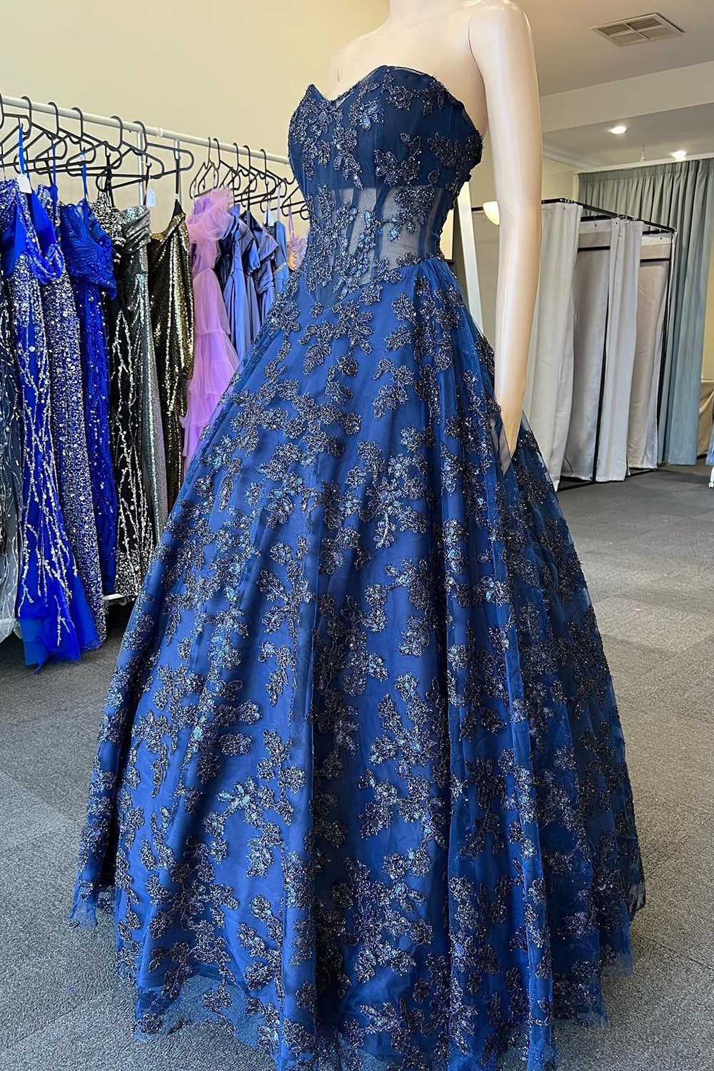 Sparkly Strapless Dark Blue Sequins Corset Prom Dress with Appliques