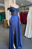 Load image into Gallery viewer, Cold Shoulder Royal Blue Corset Prom Dress with Slit
