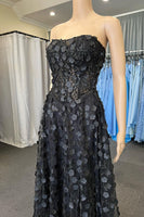 Load image into Gallery viewer, A-Line Strapless Sparkly Black Corset Prom Dress with Appliques
