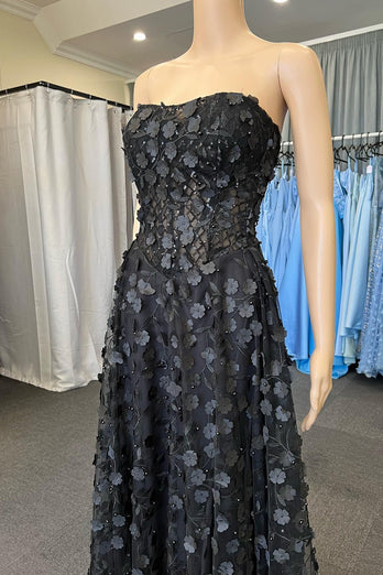 A-Line Strapless Sparkly Black Corset Prom Dress with Appliques