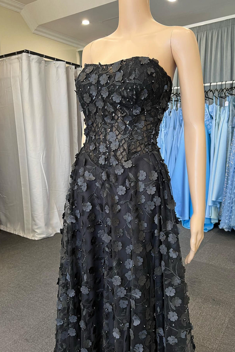 Load image into Gallery viewer, A-Line Strapless Sparkly Black Corset Prom Dress with Appliques