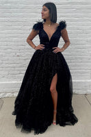 Load image into Gallery viewer, Glitter Deep V-Neck Black Long Prom Dress with Feathers