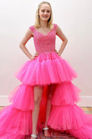 Load image into Gallery viewer, Tulle High Low Pink Long Prom Dress with Appliques
