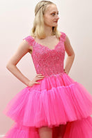 Load image into Gallery viewer, Tulle High Low Pink Long Prom Dress with Appliques