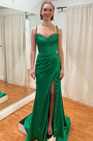 Load image into Gallery viewer, Mermaid Spaghetti Straps Green Long Prom Dress with Slit