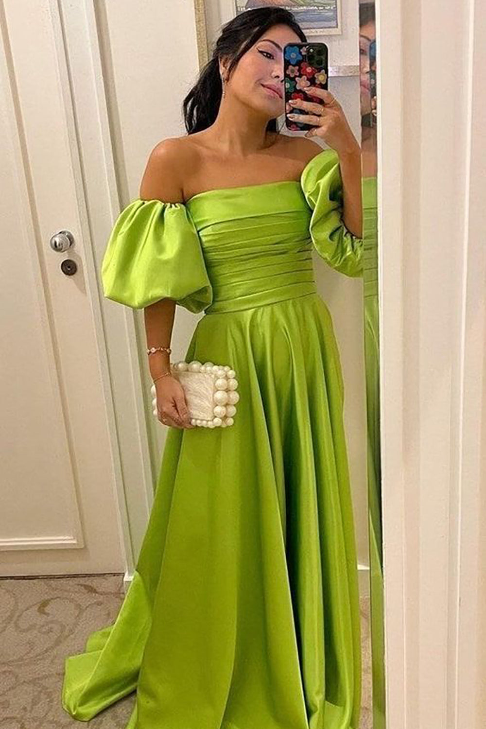 Off The Shoulder Satin Green Long Prom Dress with Ruffles