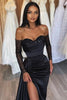 Load image into Gallery viewer, Off the Shoulder Satin Sequins Black Long Prom Dress with Ruffles