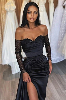 Off the Shoulder Satin Sequins Black Long Prom Dress with Ruffles