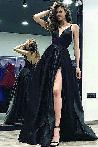 A-Line Spaghetti Straps Black Satin Long Prom Dress with Slit