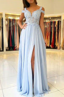 Load image into Gallery viewer, Cold Shoulder Light Blue Tulle Long Prom Dress with Appliques